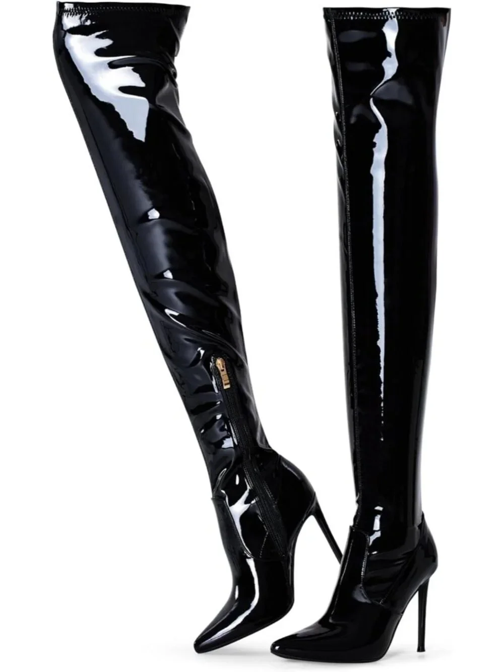 Women Black Patent 1 Pointed Toe Suede Stiletto Heel Stretch Over The Knee Boots